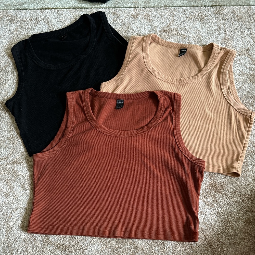 XL SHEIN 3pc cropped tank tops in Black, Tan, and Rust